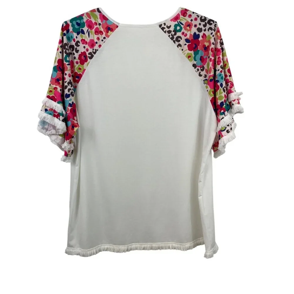 Cellabie White Multicolor Floral Fringe Half Sleeve Jersey Top Womens Size 3XL - Picture 2 of 8